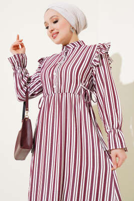 Çizgili Düğmeli Omuz Fırfırlı Elbise Bordo - Tesettür Elbise