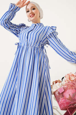 Çizgili Düğmeli Omuz Fırfırlı Elbise Lacivert - Tesettür Elbise