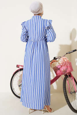 Çizgili Düğmeli Omuz Fırfırlı Elbise Lacivert - Tesettür Elbise