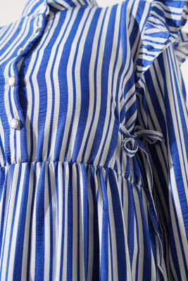 Çizgili Düğmeli Omuz Fırfırlı Elbise Lacivert - Tesettür Elbise