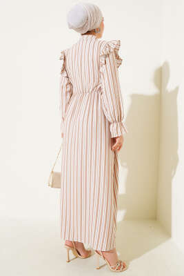 Çizgili Düğmeli Omuz Fırfırlı Elbise Latte - Tesettür Elbise