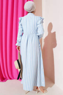 Çizgili Düğmeli Omuz Fırfırlı Elbise Mavi - Tesettür Elbise
