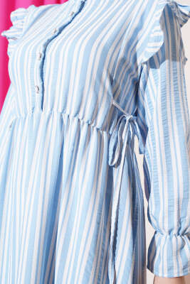 Çizgili Düğmeli Omuz Fırfırlı Elbise Mavi - Tesettür Elbise