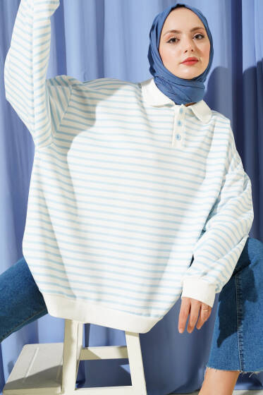 Çizgili Düğmeli Oversize Sweatshirt Bebe Mavi - Tunik