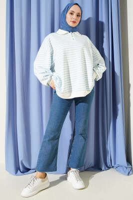 Çizgili Düğmeli Oversize Sweatshirt Bebe Mavi - Tunik