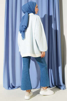 Çizgili Düğmeli Oversize Sweatshirt Bebe Mavi - Tunik
