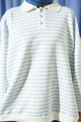 Çizgili Düğmeli Oversize Sweatshirt Bebe Mavi - Tunik