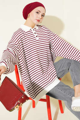 Çizgili Düğmeli Oversize Sweatshirt Bordo - DESTİNA
