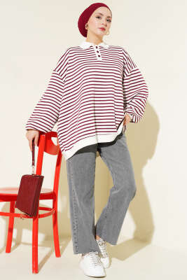 Çizgili Düğmeli Oversize Sweatshirt Bordo - Tunik