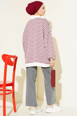 Çizgili Düğmeli Oversize Sweatshirt Bordo - Tunik