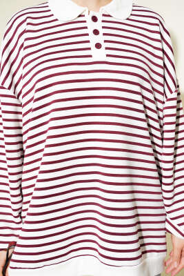 Çizgili Düğmeli Oversize Sweatshirt Bordo - Tunik