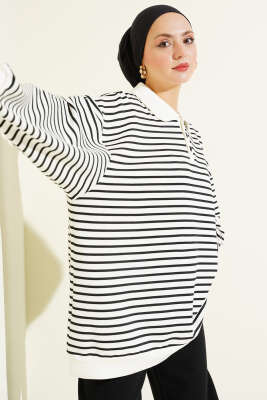 Çizgili Düğmeli Oversize Sweatshirt Siyah - DESTİNA