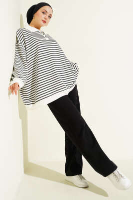Çizgili Düğmeli Oversize Sweatshirt Siyah - Tunik