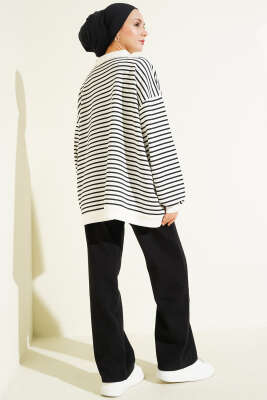 Çizgili Düğmeli Oversize Sweatshirt Siyah - Tunik