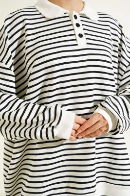 Çizgili Düğmeli Oversize Sweatshirt Siyah - Tunik