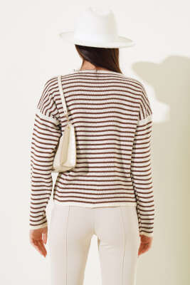 Çizgili Düğmeli Triko Crop Hırka Bej - Triko Hırka