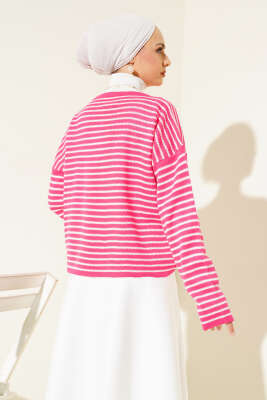 Çizgili Düğmeli Triko Crop Hırka Fuşya - Triko Hırka