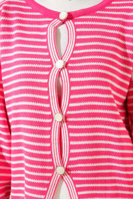 Çizgili Düğmeli Triko Crop Hırka Fuşya - Triko Hırka