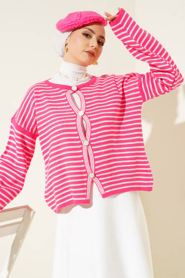 Çizgili Düğmeli Triko Crop Hırka Fuşya - Triko