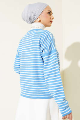 Çizgili Düğmeli Triko Crop Hırka İndigo - Triko Hırka