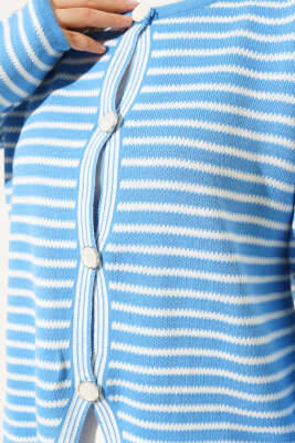 Çizgili Düğmeli Triko Crop Hırka İndigo - Triko Hırka