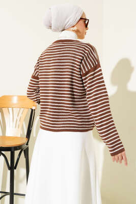 Çizgili Düğmeli Triko Crop Hırka Kahve - Triko Hırka