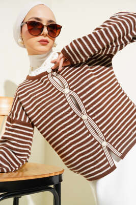 Çizgili Düğmeli Triko Crop Hırka Kahve - Triko Hırka