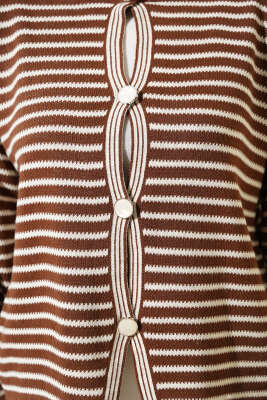 Çizgili Düğmeli Triko Crop Hırka Kahve - Triko Hırka