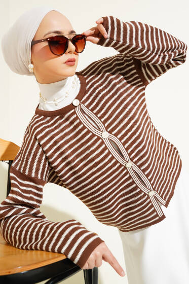 Çizgili Düğmeli Triko Crop Hırka Kahve - Triko