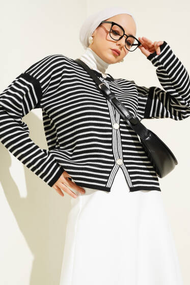 Çizgili Düğmeli Triko Crop Hırka Siyah - Triko