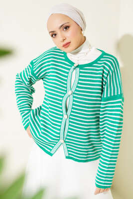 Çizgili Düğmeli Triko Crop Hırka Zümrüt - Triko Hırka