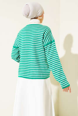 Çizgili Düğmeli Triko Crop Hırka Zümrüt - Triko Hırka