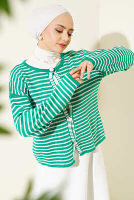 Çizgili Düğmeli Triko Crop Hırka Zümrüt - Triko Hırka