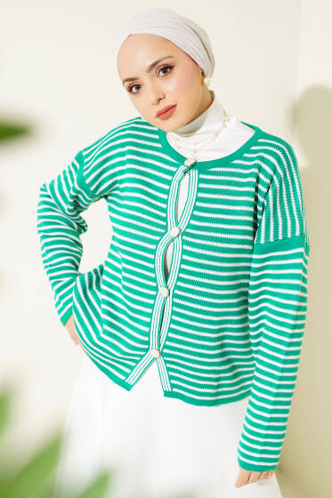 Çizgili Düğmeli Triko Crop Hırka Zümrüt - Triko