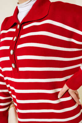 Çizgili Düğmeli Triko Elbise Kırmızı - Thumbnail