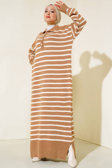Çizgili Düğmeli Triko Elbise Latte - Triko