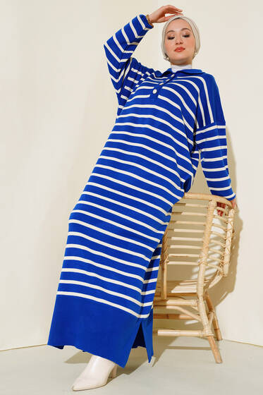 Çizgili Düğmeli Triko Elbise Saks - Tesettür Elbise