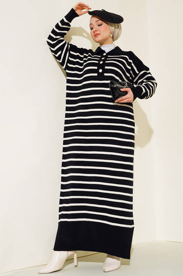 Çizgili Düğmeli Triko Elbise Siyah - Tesettür Elbise
