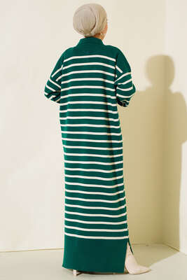 Çizgili Düğmeli Triko Elbise Zümrüt Yeşili - Thumbnail