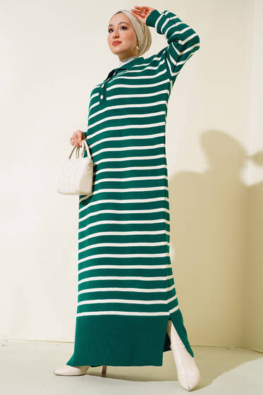 Çizgili Düğmeli Triko Elbise Zümrüt Yeşili - Tesettür Elbise