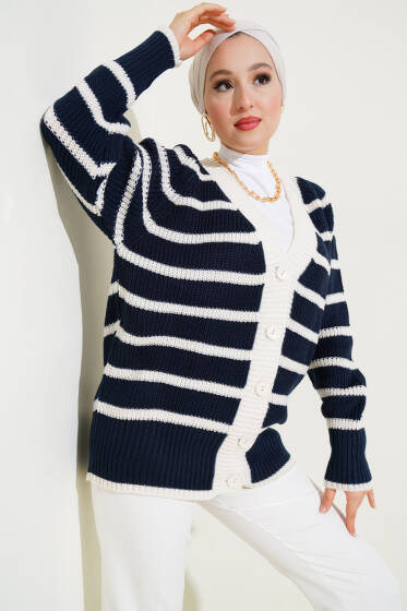 Çizgili Düğmeli Triko Hırka Lacivert - Hırka