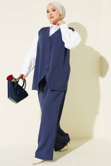 Çizgili Düğmeli Yelekli İkili Takım Lacivert - İkili Takım