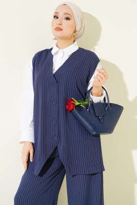 Çizgili Düğmeli Yelekli İkili Takım Lacivert - İkili Takım