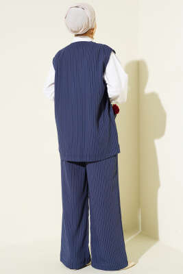 Çizgili Düğmeli Yelekli İkili Takım Lacivert - İkili Takım