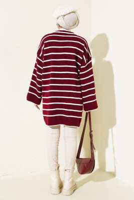 Çizgili Düşük Omuz Triko Tunik Bordo - Triko Tunik