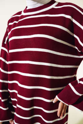 Çizgili Düşük Omuz Triko Tunik Bordo - Triko Tunik