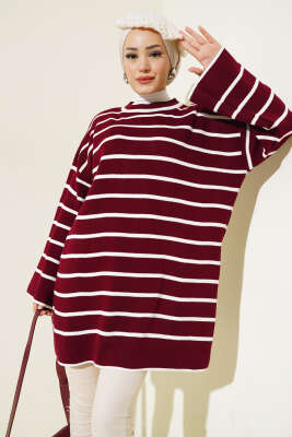 Çizgili Düşük Omuz Triko Tunik Bordo - Triko Tunik