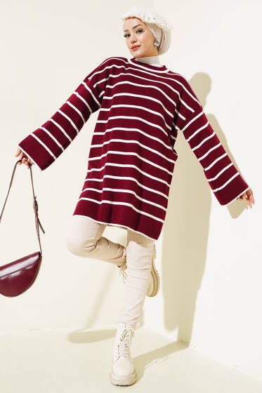 Çizgili Düşük Omuz Triko Tunik Bordo - Tunik