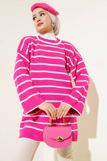 Çizgili Düşük Omuz Triko Tunik Fuşya - Spor Tunik