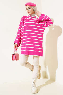 Çizgili Düşük Omuz Triko Tunik Fuşya - Triko Tunik